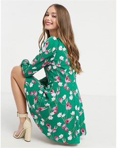Зеленое платье мини с длинными пышными рукавами и цветочным принтом Girl in mind