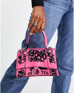 Розовая сумка на плечо с принтом в стиле граффити и ремешком цепочкой Эго