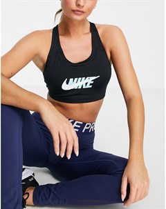 Спортивный бесшовный бюстгальтер черного цвета со средней степенью поддержки и логотипом галочкой Nike training