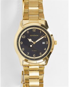 Золотистые наручные часы унисекс с браслетом и черным циферблатом Sekonda