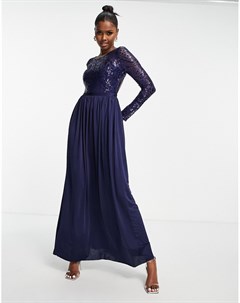 Темно синее платье макси с декоративной отделкой и длинными рукавами Goddiva