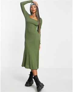 Оливковое трикотажное платье миди с квадратным вырезом Topshop