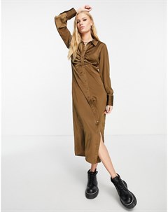 Атласное присборенное платье миди шоколадно коричневого цвета с длинными рукавами Object