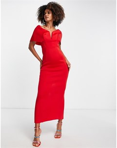 Красное платье мидакси со спущенными плечами и глубоким вырезом Asos design