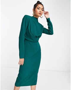 Зеленое платье миди с подплечниками высоким воротом и перекрученной отделкой спереди Asos design