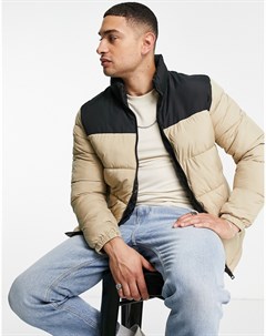 Бежевый пуховик в стиле колор блок с воротником стойкой Originals Jack & jones