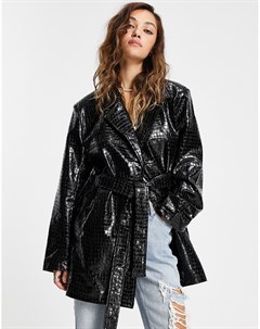 Черная куртка с эффектом крокодиловой кожи с поясом в винтажном стиле Asos design