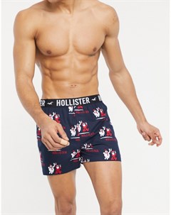 Синие тканые боксеры с праздничным принтом и поясом с логотипом Hollister