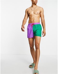Короткие шорты для плавания с фиолетовой и зеленой вставкой в стиле колор блок Asos design