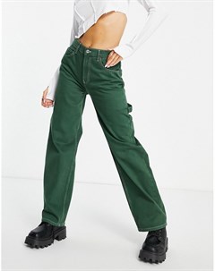 Oversized джинсы темно зеленого цвета в скейтерском стиле с классической талией и контрастными строч Asos design
