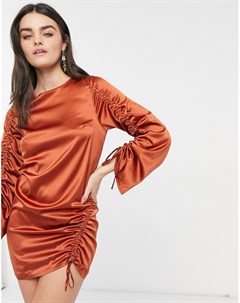 Атласное присборенное платье мини кирпичного цвета с длинными рукавами Asos design