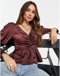 Блузка винного цвета с длинными объемными рукавами и сборками спереди Asos design