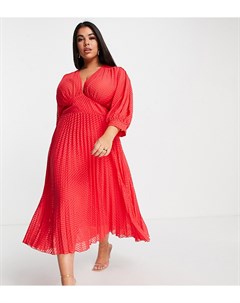 Красное плиссированное платье миди из ткани добби с шевронным узором и рукавами летучая мышь ASOS DE Asos curve