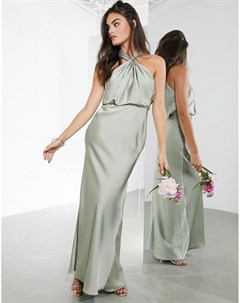 Атласное шалфейно зеленое платье макси Asos edition