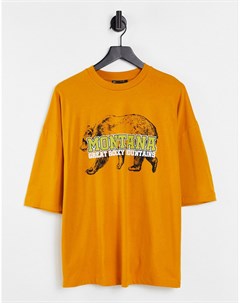 Oversized футболка горчичного цвета с принтом медведя Asos design