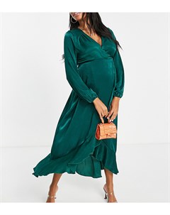 Изумрудно зеленое платье макси на запах с длинными рукавами Flounce london maternity