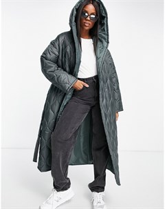 Стеганое пальто макси цвета темного хаки с капюшоном и запахом стеганое пальто с запахом Asos design