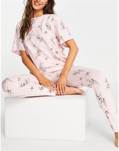 Розовый пижамный комплект из oversized футболки и леггинсов с принтом в виде молний Asos design