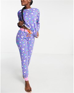 Длинный пижамный комплект фиолетового цвета с котами и кактусами Chelsea peers