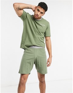 Комплект одежды для дома цвета хаки в стиле oversized из шорт и футболки с логотипом на груди Only & sons