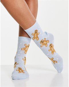 Синие носки до щиколотки с новогодним принтом имбирных пряников Asos design