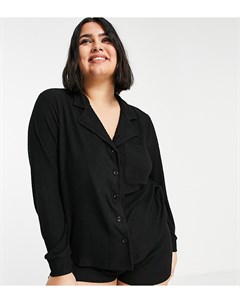 Черная пижама из мягкой ткани в рубчик с рубашкой и шортами ASOS DESIGN Curve Asos curve