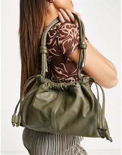 Оливковая кожаная сумка на плечо со сборками Topshop