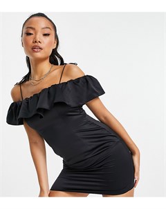 Черное атласное платье с открытыми плечами и оборкой Petite Topshop