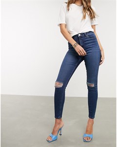 Темно синие джинсы скинни с завышенной талией и дырками на коленях Ridley Asos design