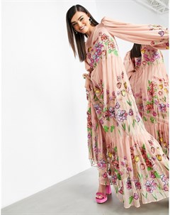 Нежно розовое платье трапеция макси с вышивкой и пышными рукавами Asos edition