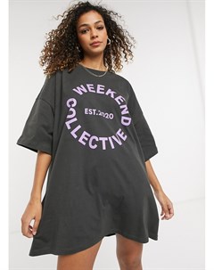 Угольно серое платье футболка в стиле oversized с логотипом Asos weekend collective