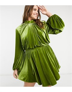 Зеленое бархатное платье блузон мини с расклешенной юбкой и высоким воротником ASOS DESIGN Curve Asos curve