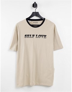 Oversized футболка из смесового органического хлопка песочного цвета с принтом Self Love Selected homme