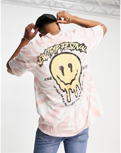Розовая футболка в стиле oversized с эффектом тай дай и принтом смайлика спереди и сзади Topman