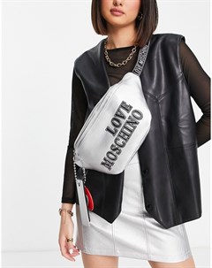 Серебристая сумка кошелек на пояс с крупным логотипом Love moschino