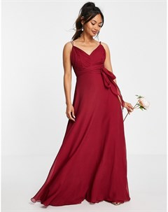 Платье макси на бретельках со сборками и поясом ягодно красного цвета Bridesmaid Asos design
