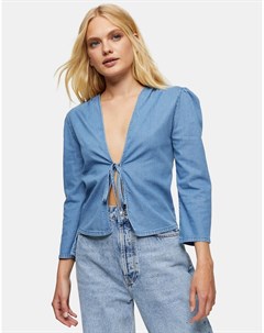 Голубая выбеленная блузка с завязкой спереди Topshop