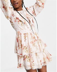 Многоярусное платье мини с расклешенной юбкой кружевной отделкой и принтом в виде розовых роз Forever new