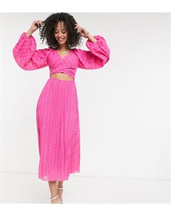 Платье миди с запахом завязкой и плиссированной юбкой из ткани добби ярко розового цвета ASOS DESIGN Asos tall