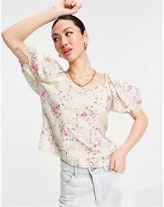 Кремовая блузка с пышными рукавами завязкой на спине и цветочным принтом Vero moda
