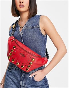 Красная сумка на пояс с логотипом и заклепками Love moschino