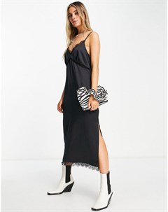 Черное атласное платье комбинация миди с кружевной отделкой Topshop