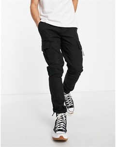 Черные зауженные брюки карго с карманами по бокам Topman