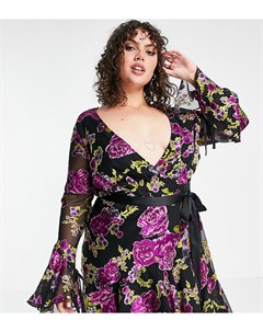 Эксклюзивное платье мини с запахом вытравленным атласным цветочным узором и завязкой ASOS DESIGN Cur Asos curve