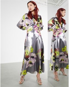 Платье миди с пышными рукавами на манжетах и цветочным принтом металлик Asos edition