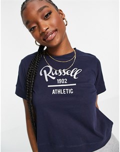 Темно синяя укороченная футболка с логотипом Russell athletic