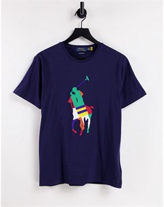 Темно синяя футболка с большим разноцветным логотипом игрока поло Polo ralph lauren