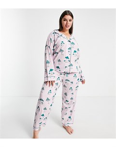 Эксклюзивная сиреневая пижама из рубашки с длинными рукавами и брюк из модала с принтом грибов ASOS  Asos curve