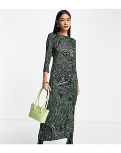 Платье миди с длинными рукавами декоративным вырезом и волнистым принтом зеленого цвета Stradivarius