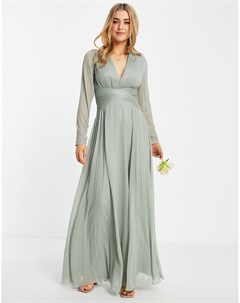 Оливковое платье макси с присборенной отделкой на талии длинными рукавами и юбкой со складками Bride Asos design